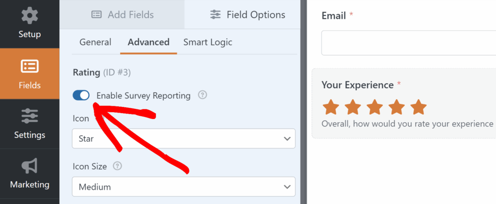 Ativar o relatório de inquérito para um campo