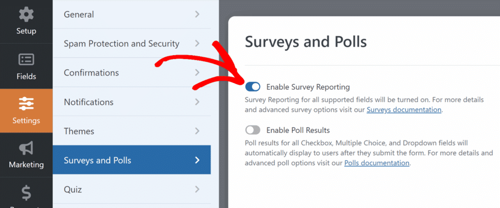 Ativar o relatório de inquérito para um formulário