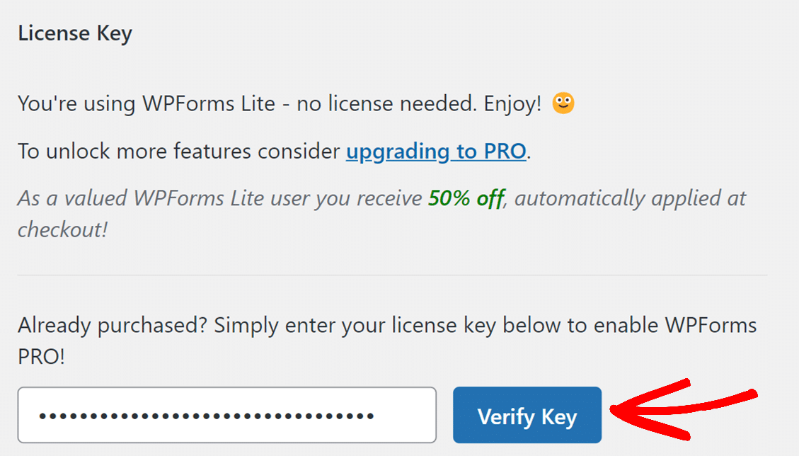 Entering a license key for WPForms and connecting it