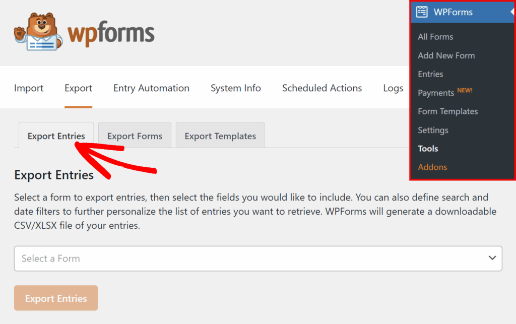 Painel do WPForms com o separador Exportar Entradas selecionado e um menu lateral vis	ilde{Asvel.