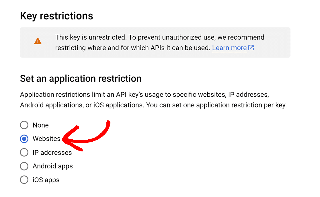 Setting the API Restrictions to Websites for a Google API key