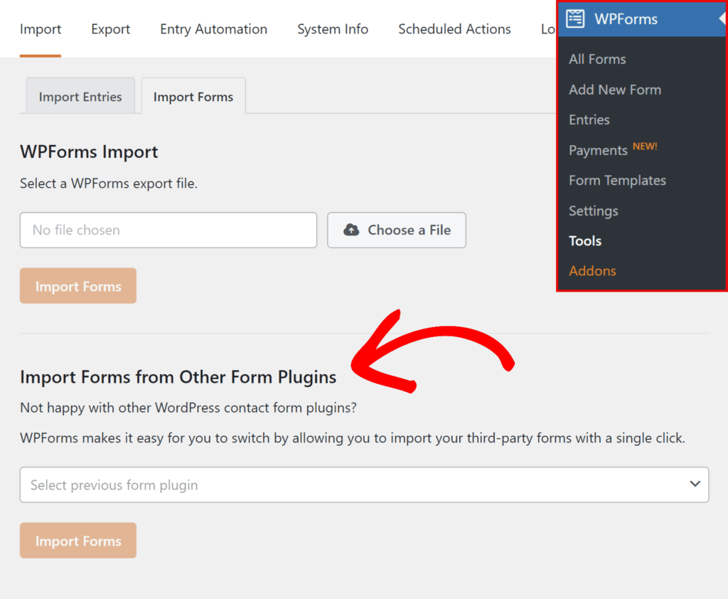 Página de Importação do WPForms com separadores, seletor de ficheiros e um botão laranja Importar Formulários