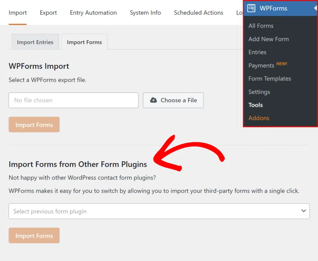 WPForms Import page with tabs, file picker, and an orange Import Forms button