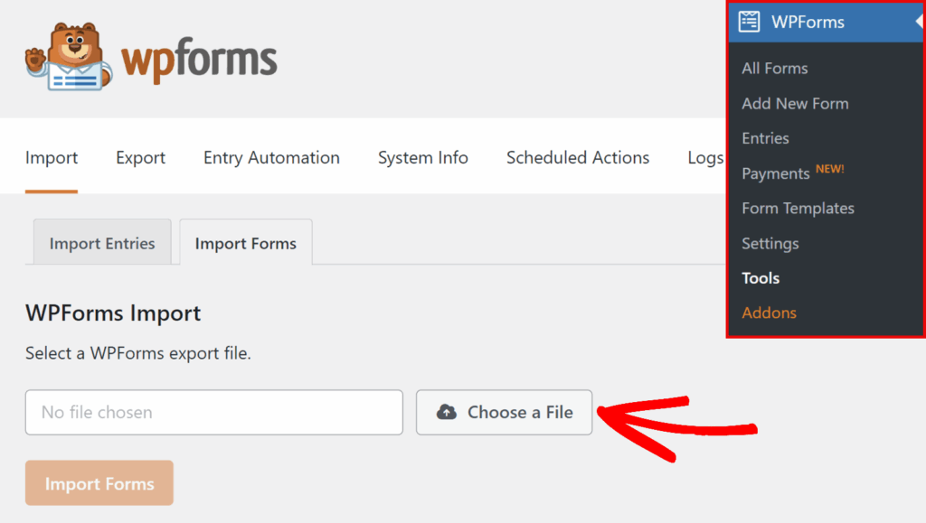Escolher um Ficheiro para Importar Página de Importação do WPForms com dois separadores (Importar Entradas, Importar Formulários) e um botão rotulado Escolher um ficheiro para carregar um ficheiro de formulário ou de entradas.