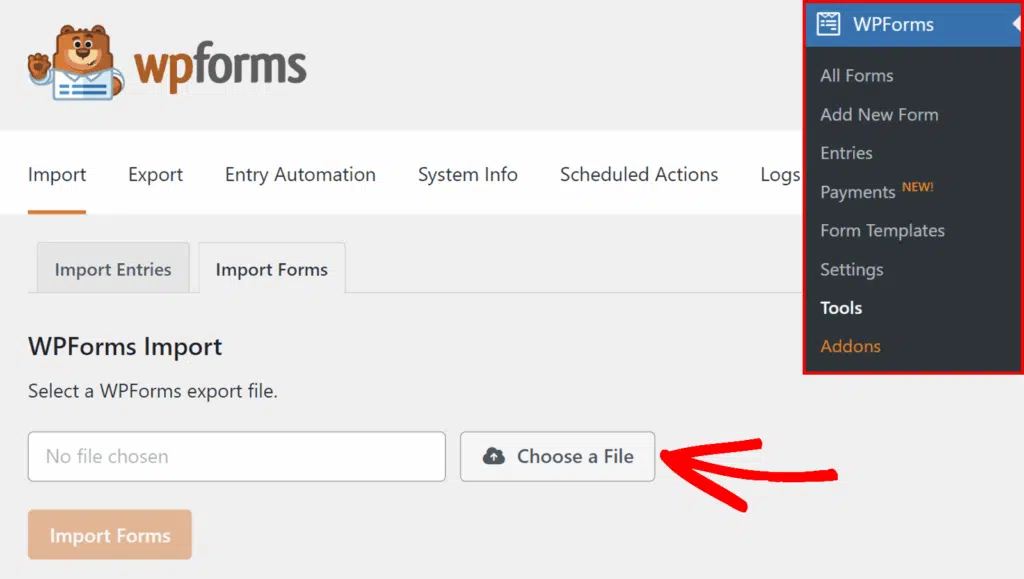 Choose a File to Import - WPForms WPForms Import page with two tabs (Import Entries, Import Forms) and a labeled Choose a File button for uploading a form or entries file.