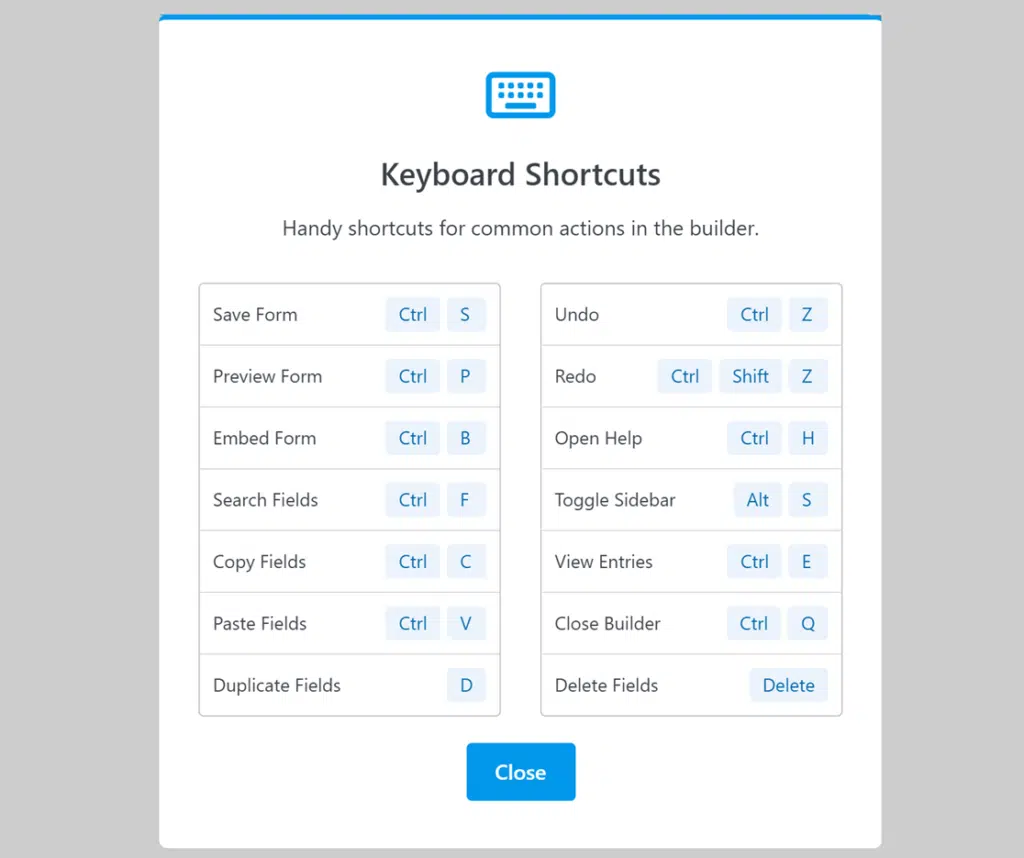 The WPForms keyboard shortcuts in the form builder