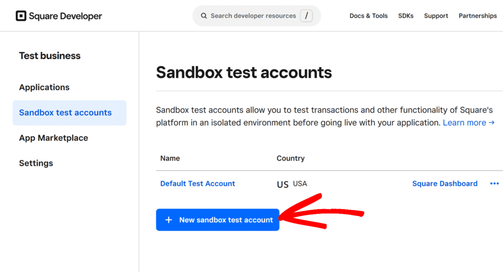 Nouveau compte test sandbox