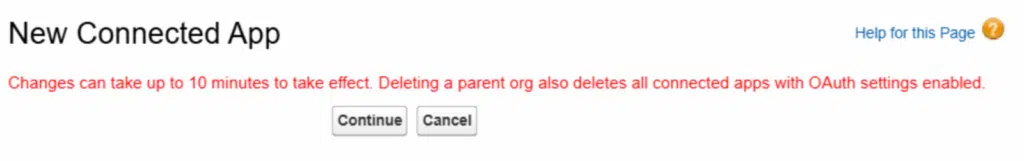 salesforce-10-minute-waiting-period - WPForms New Connected App confirmation message
