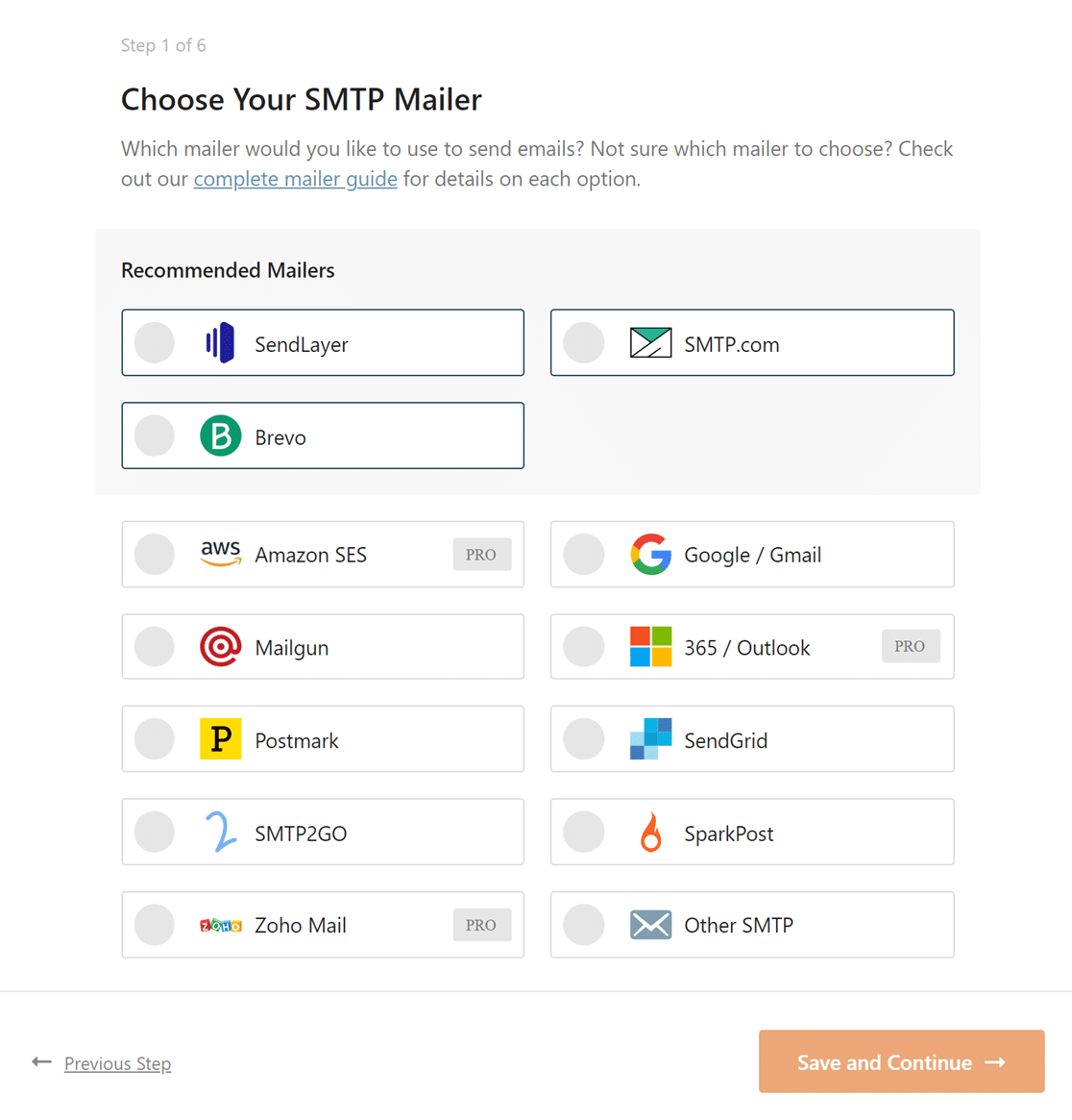 Selecting your mailer in the WP Mail SMTP Setup Wizard