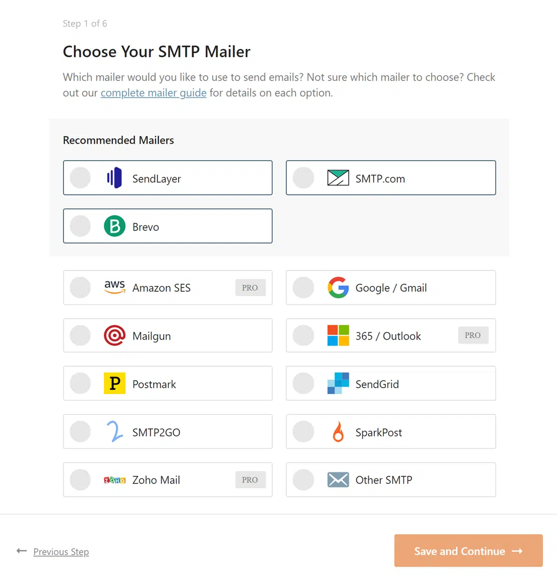 Seleccionar tu remitente en el asistente de configuración de WP Mail SMTP