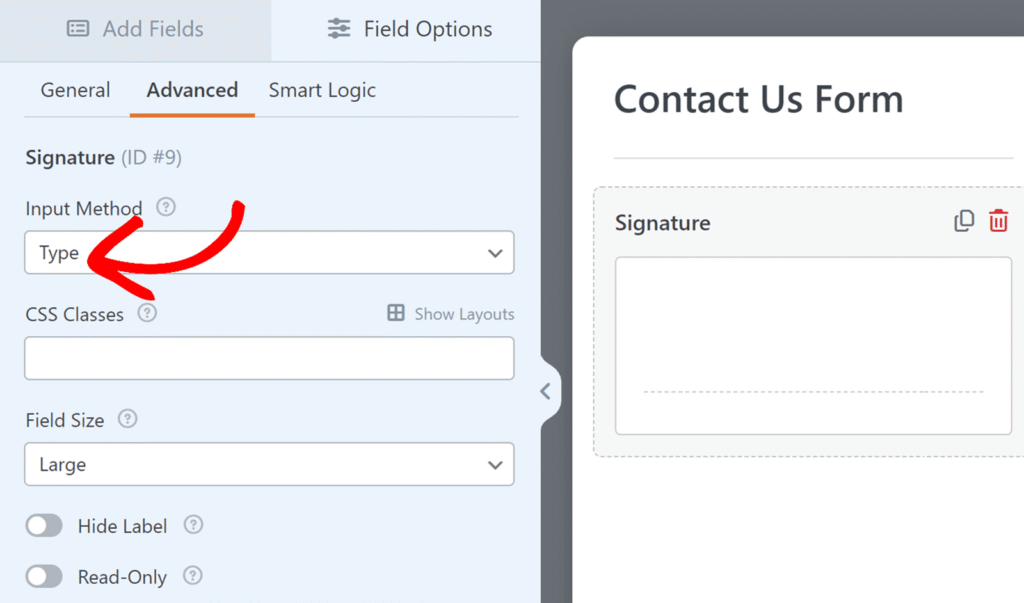 signature-field-select-input - WPForms フォームビルダーの詳細設定タブのスクリーンショット。署名フィールドオプションが表示されています:入力方法は「入力」に設定され、フィールドサイズは「大」、ラベルを非表示および読み取り専用のトグルがオンになっています。