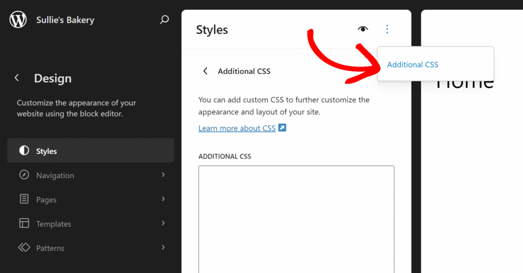Administração do WordPress: navegação à esquerda com 'Estilos' selecionado, painel principal mostra a dica de ferramenta 'CSS Adicional' sobre a área superior direita da página.