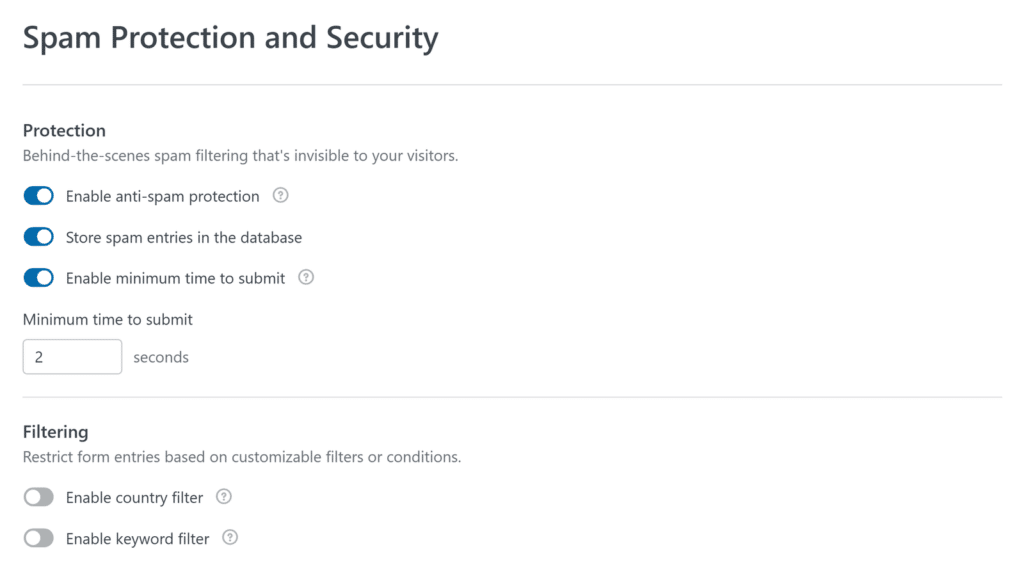 アンチスパム保護、データベースストレージ、最小送信時間(2秒に設定)のトグルが表示され、保護とフィルタリングのセクションがあるスパム保護とセキュリティ設定パネル(Web UI)。