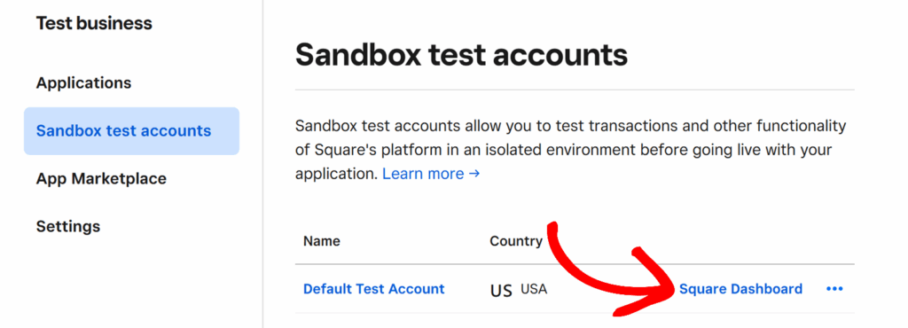 Cliquez sur Tableau de bord Square pour ouvrir le tableau de bord du bac à sable.