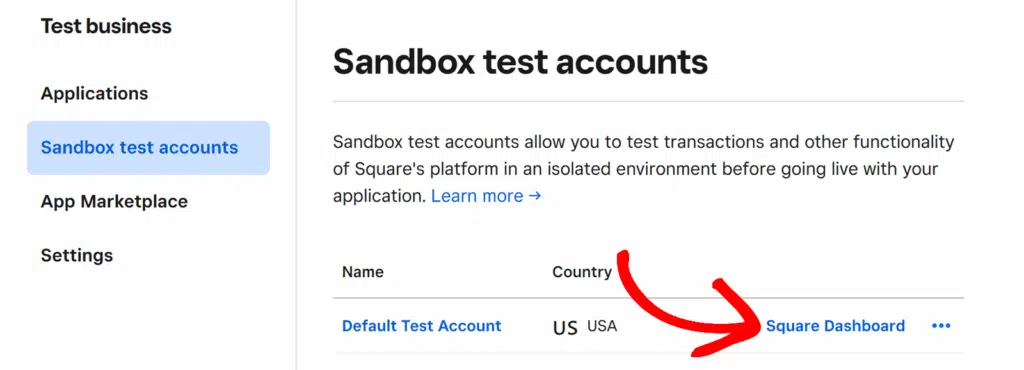 cuenta-de-prueba-predeterminada-de-square - WPForms Haz clic en Square Dashboard para abrir el panel de sandbox