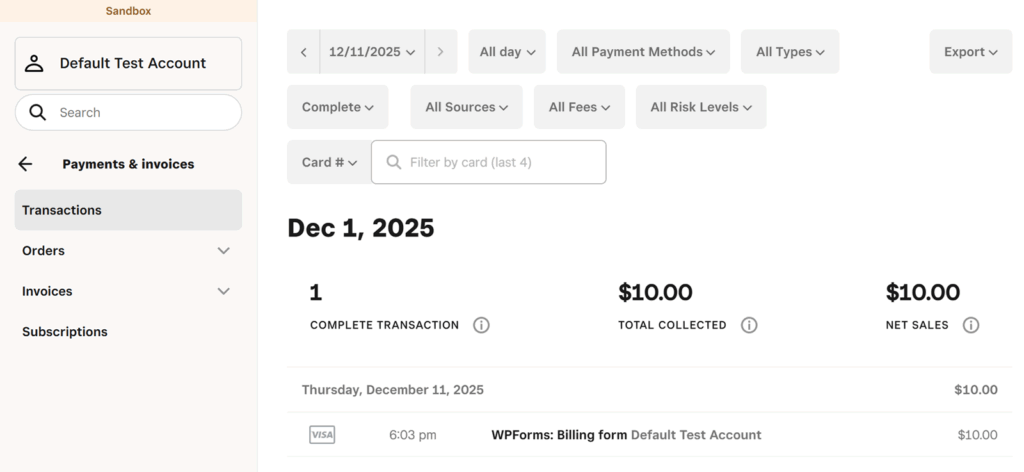 Une transaction de test dans un tableau de bord Square sandbox
