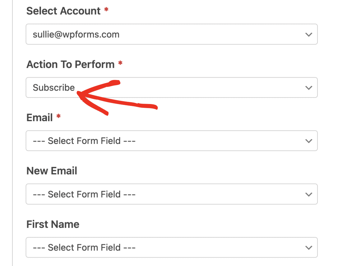 Select subscribe action