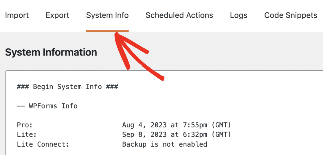 Viewing system info in WPForms