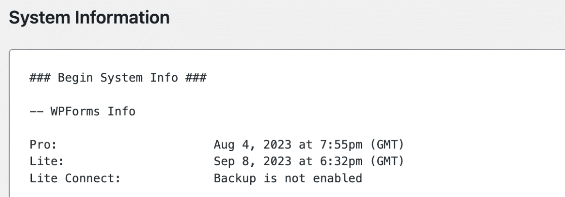 System Info example in WPForms tools