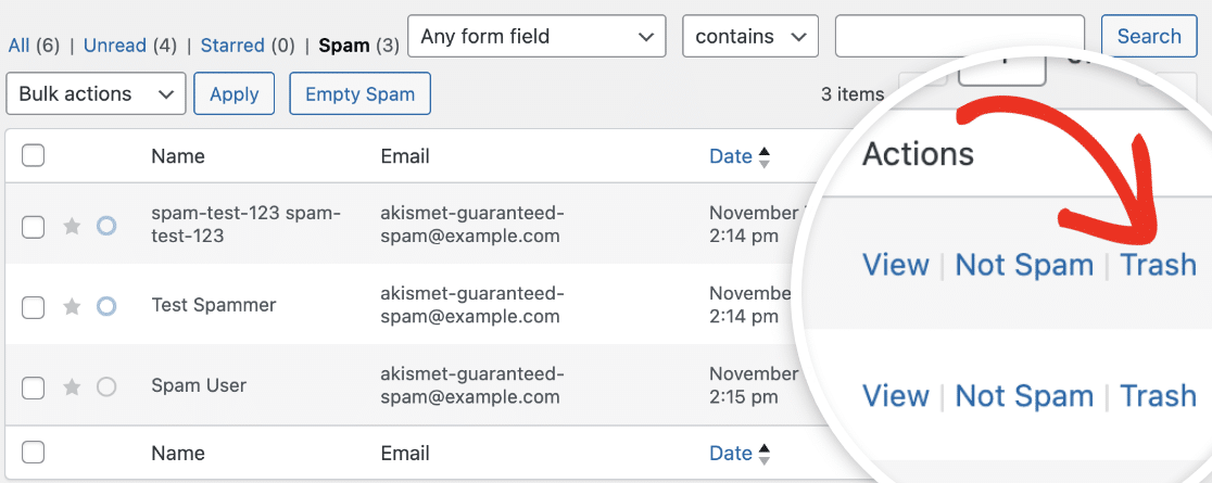 Click delete to remove spam entry