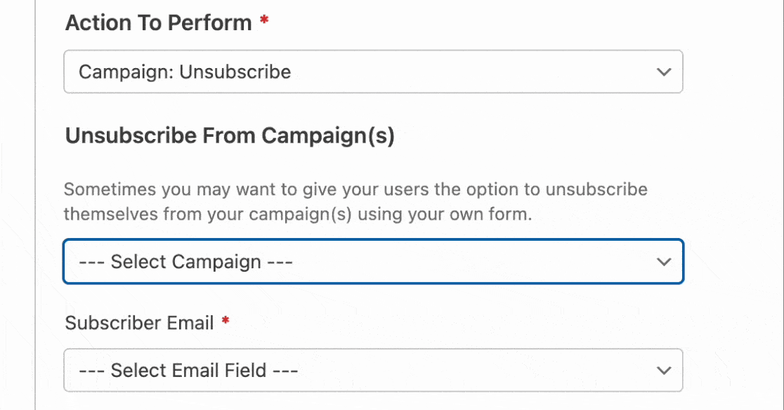 Select Campaign to unsubscribe users from