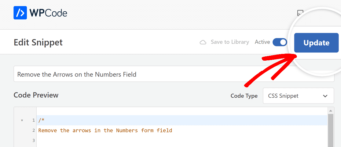 Click on Update button to activate the code snippet