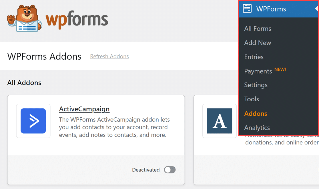 Opening the WPForms addons page