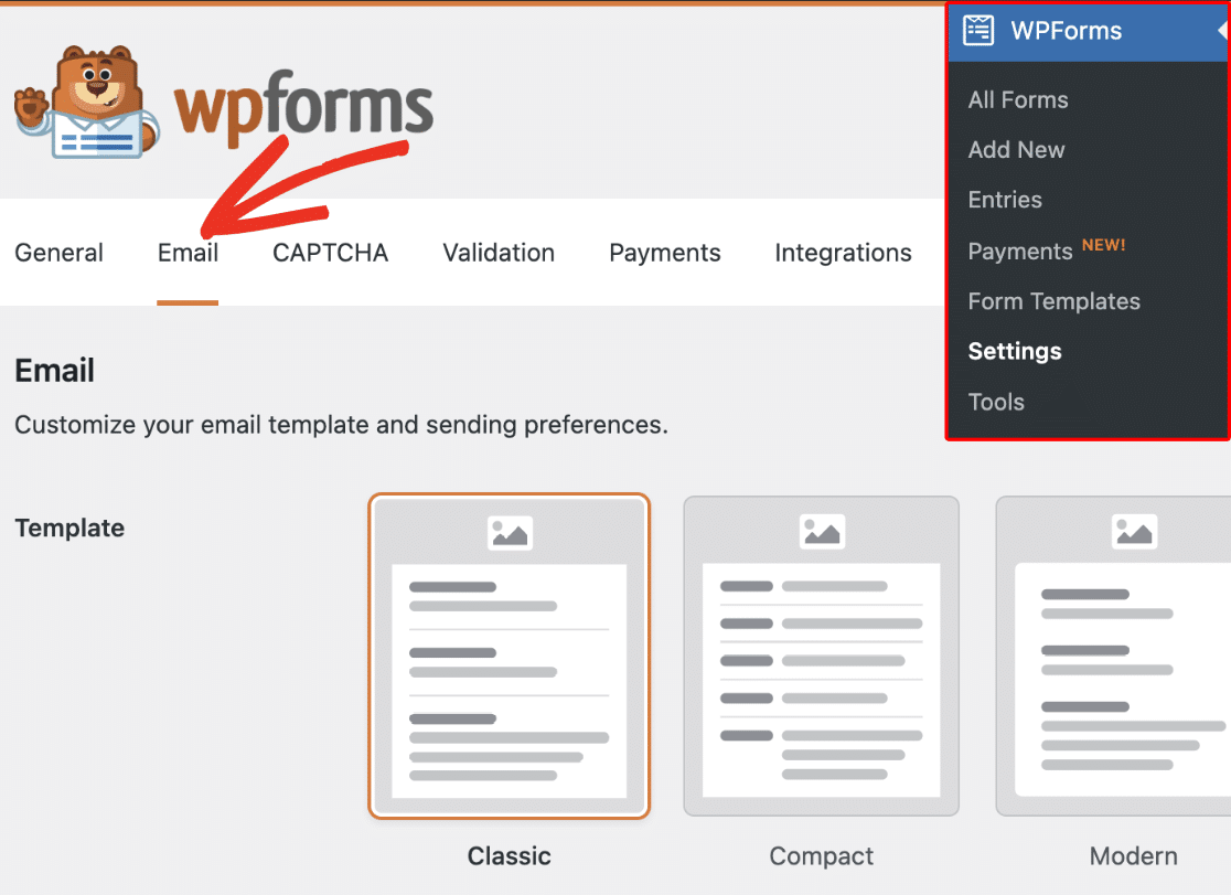 wpforms email settings