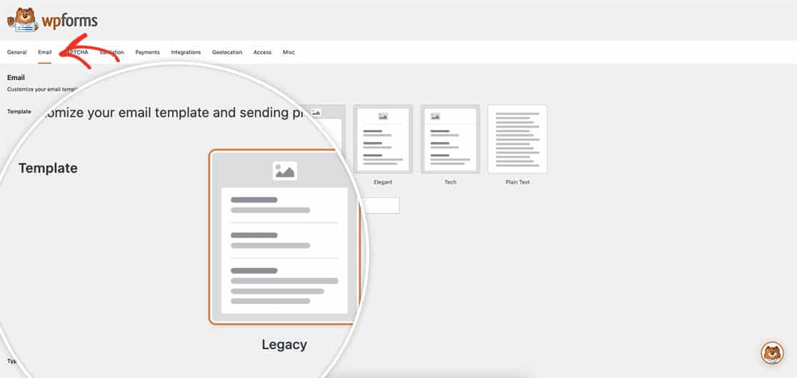 once the snippet is added you can now see the Legacy template as an option from the WPForms Settings page.