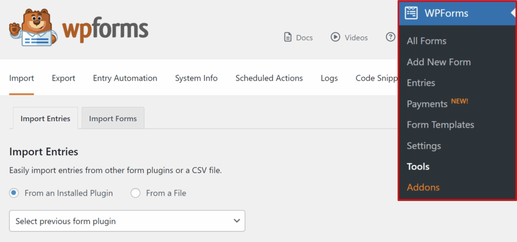 WPForms Import Entries screen with tabs, radio options for Import from installed plugin or a file, and a form plugin dropdown; dark WPForms side menu on the right.