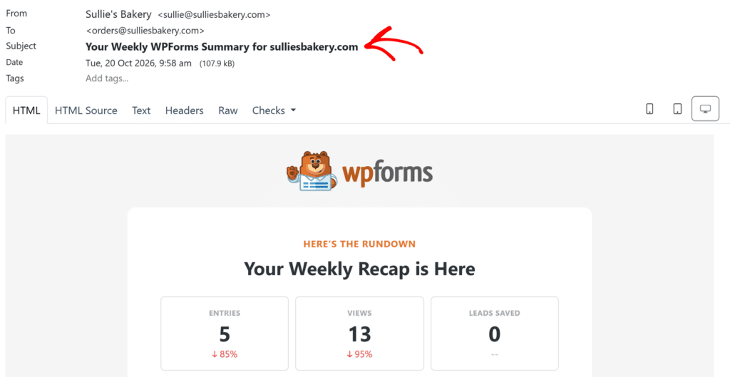 Aperçu de l’e-mail montrant un graphique récapitulatif hebdomadaire WPForms et le titre 'Votre récapitulatif hebdomadaire est arrivé' avec trois cartes de statistiques.