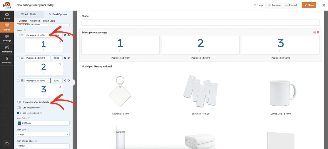 there is no need to enable the option to show the price after item labels since we are manually displaying the label and price exactly the way we want it to show without any code