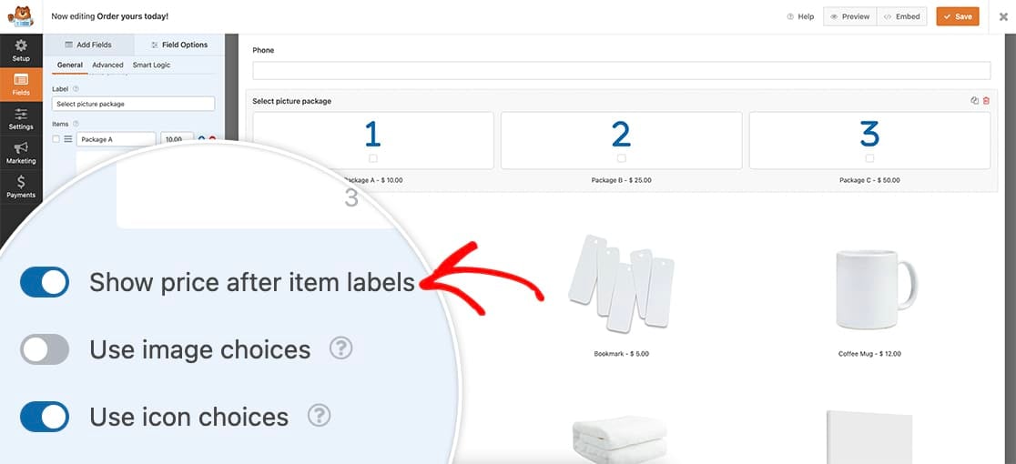 enable the option on each of the payment fields to Show price after item labels