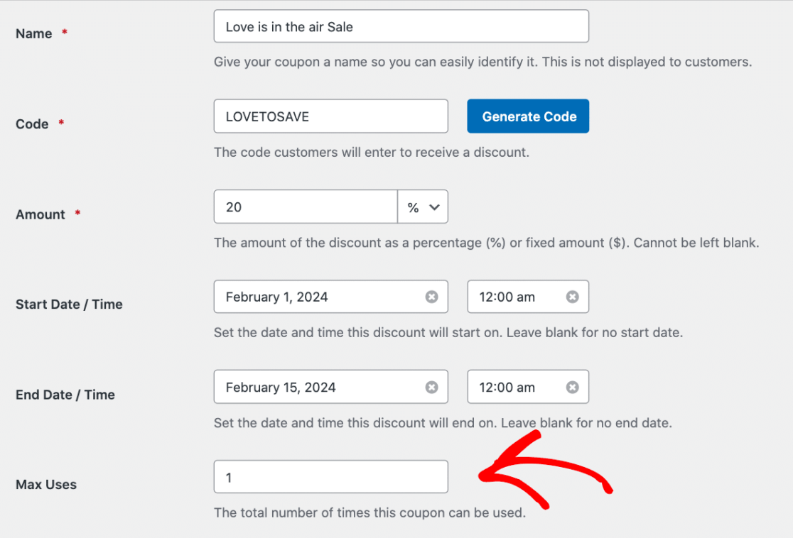 Setting the max uses in coupon settings