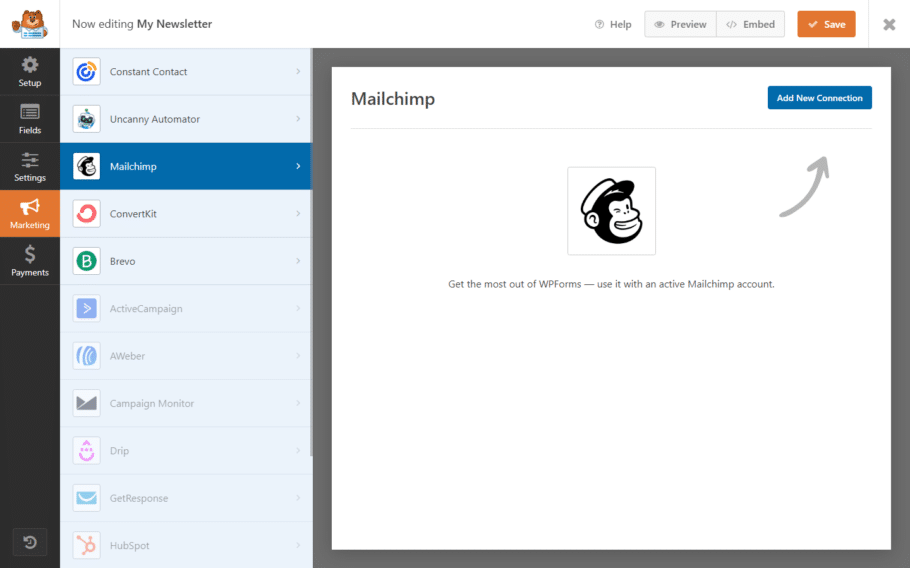 Mailchimp add new connection