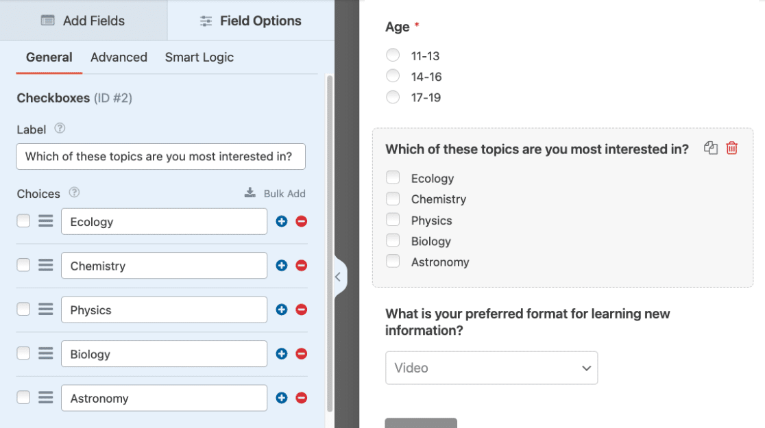 Adding a label and options to a Checkboxes field