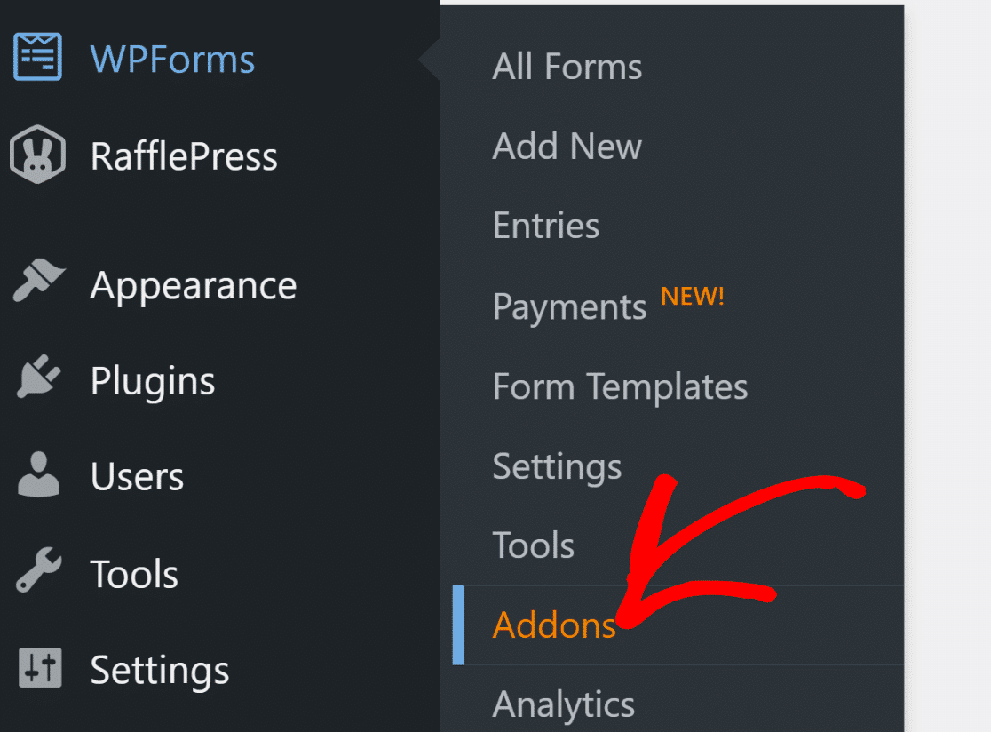 Addons menu in WPForms