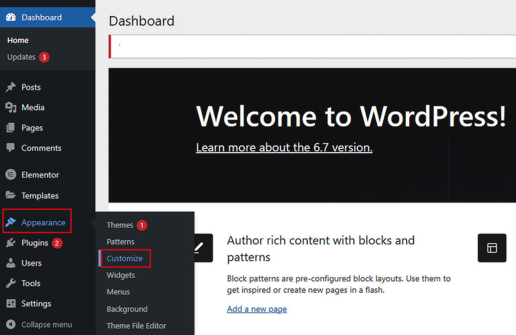 Panel de administración de WordPress con el menú Apariencia expandido y la opción Personalizar resaltada.