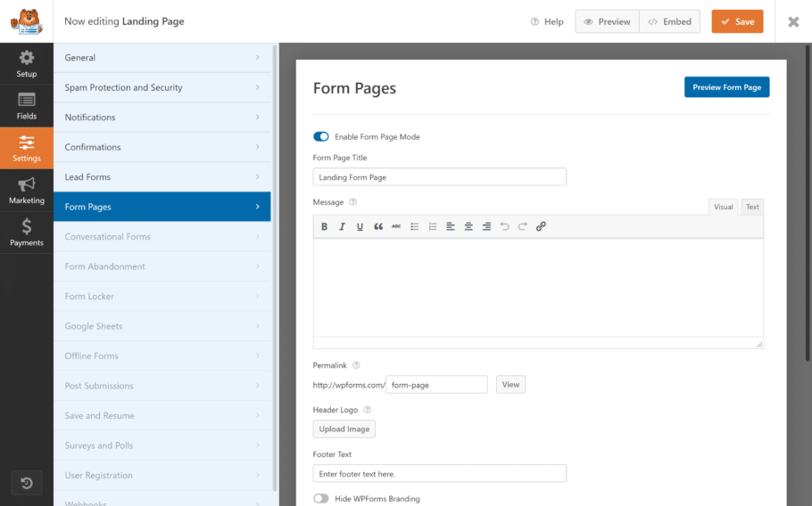 form pages addon settings