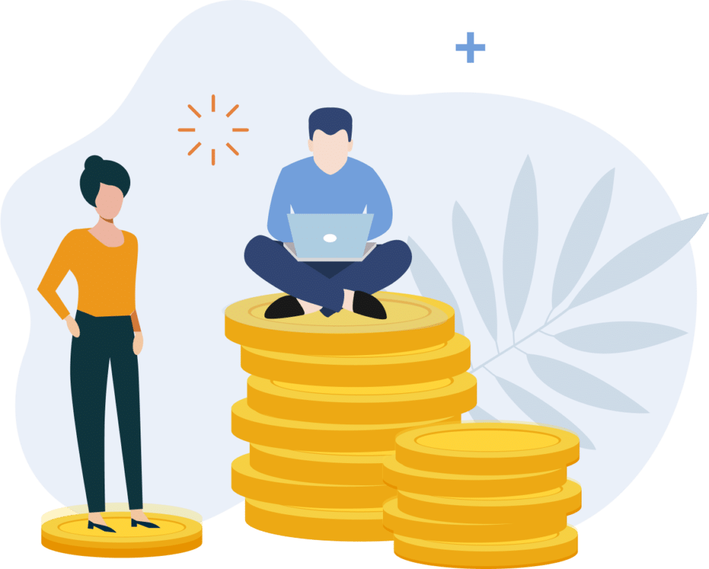 Illustration of people with stacks of coins and laptop