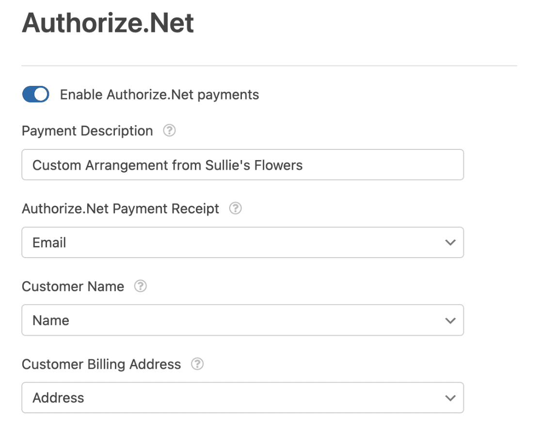 The Authorize.Net payments settings in the form builder