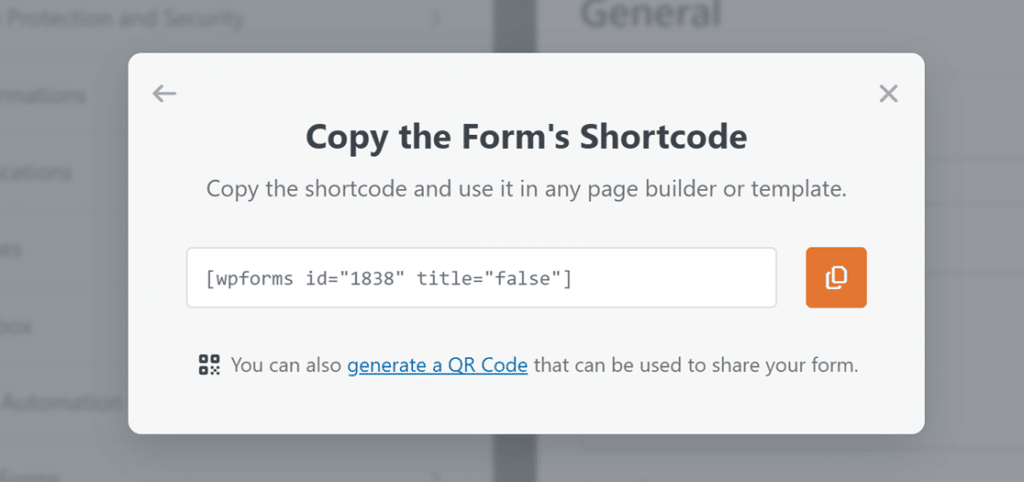 Diálogo modal titulado 'Copiar el shortcode del formulario' que muestra el shortcode [wpforms id="1838" title="false"] con un botón Copiar a la derecha y una opción de código QR debajo.