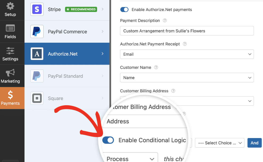 Enabling conditional logic for Authorize.Net subscription payments