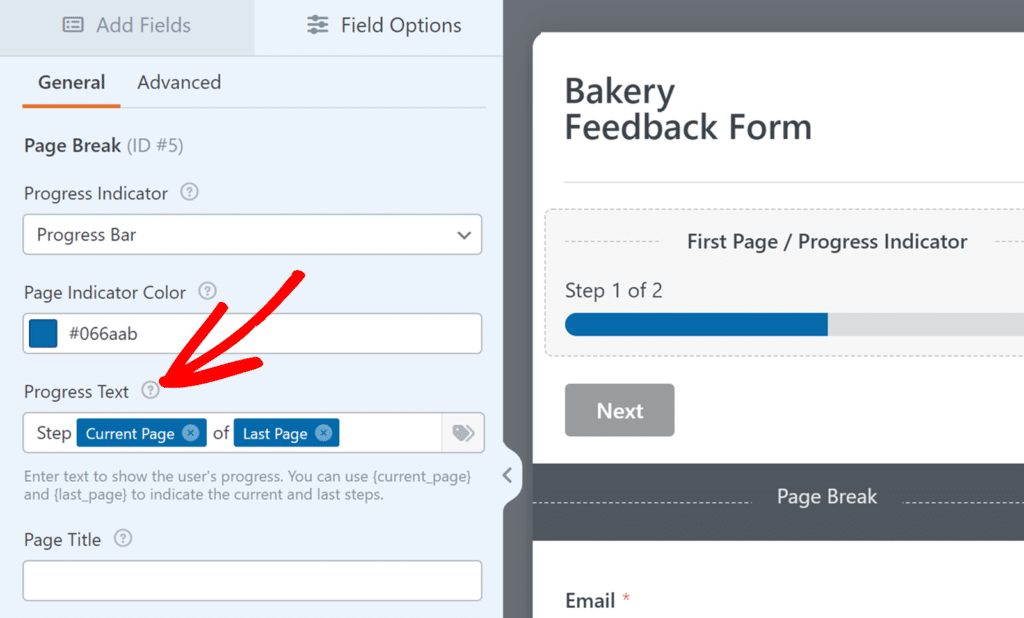 Form builder left panel showing Progress Text set to 'Step Current Page of Last Page' with blue chips. Right shows Bakery Feedback Form preview with a progress bar labeled 'First Page / Progress Indicator'.