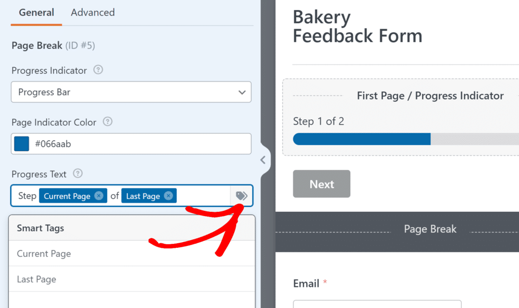 Split-screen UI: left pane shows form editor with General tab, Page Break ID #5, Progress Indicator set to Progress Bar, color #066aab, and a Step Current Page/Last Page text; Smart Tags list below. Right pane shows a Bakery Feedback Form with First Page / Progress Indicator, a Step 1 of 2 progress bar, and a gray Next button.