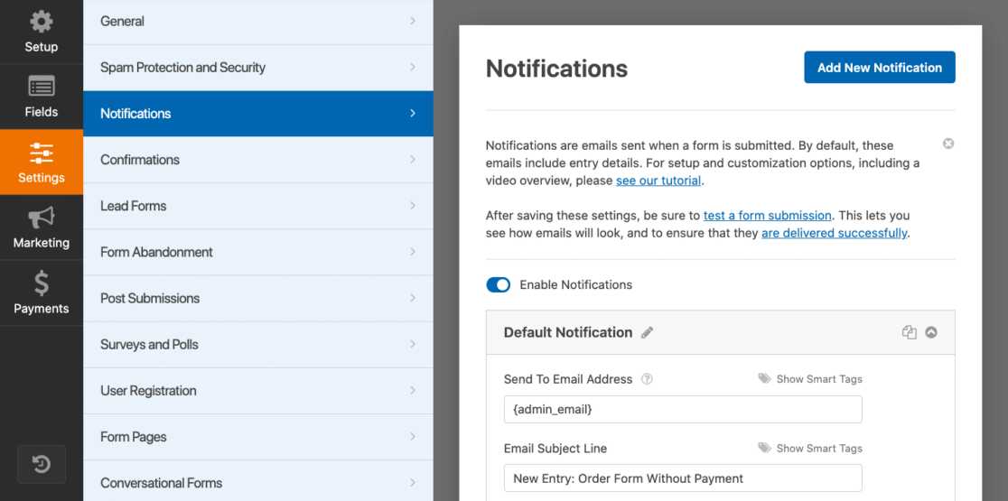 Setting up email notifications in the form builder