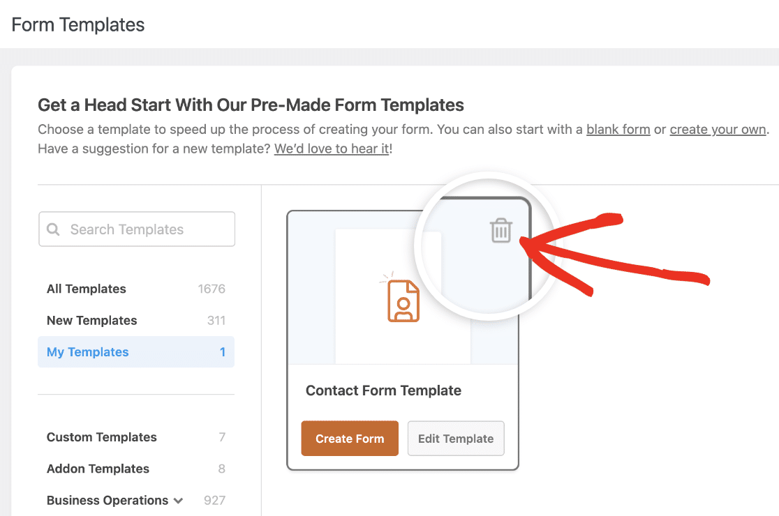 Deleting a custom form template