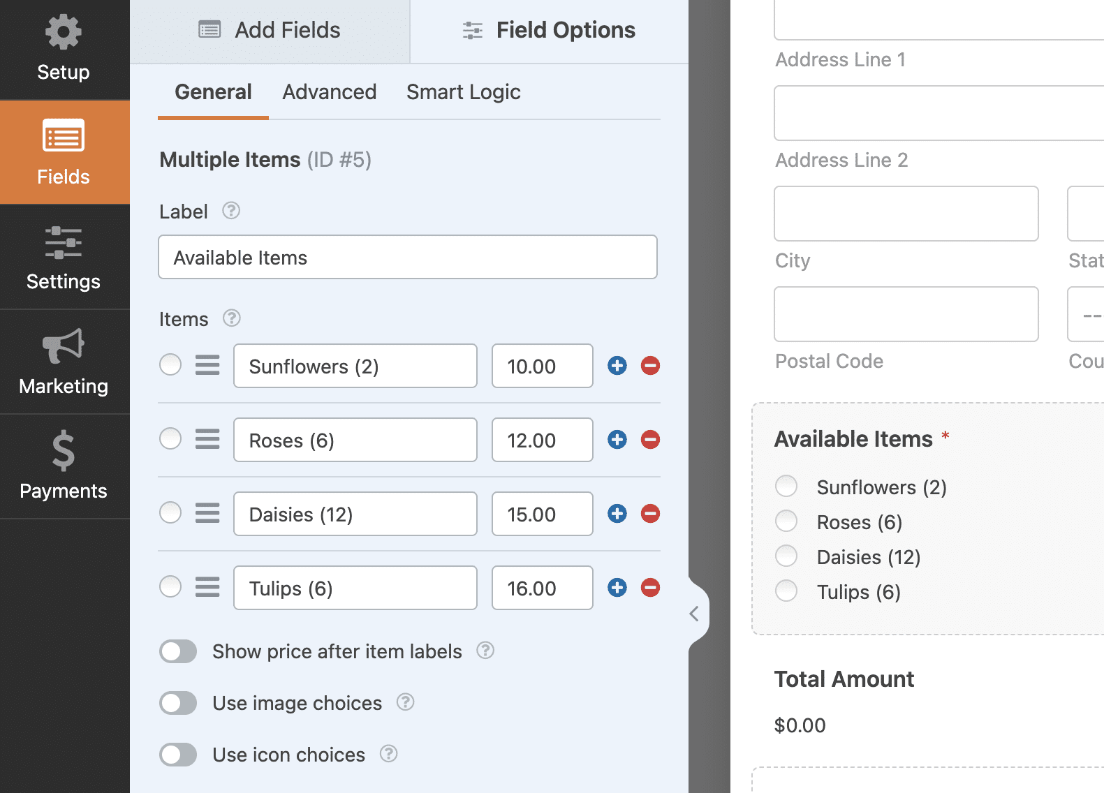 Editing the options in a Multiple Items field