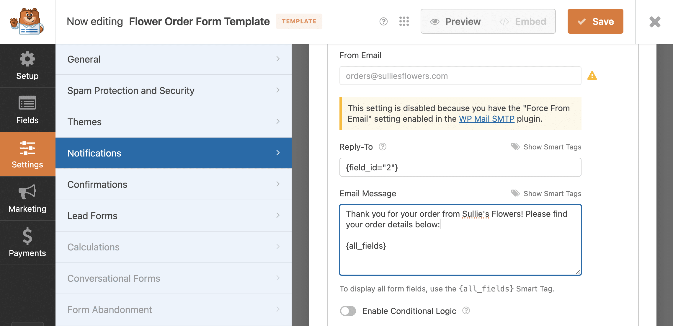 Editing a custom template email notification