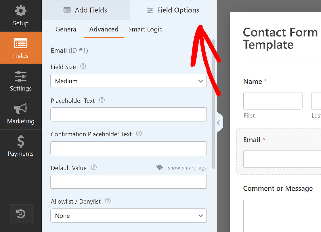 email field options